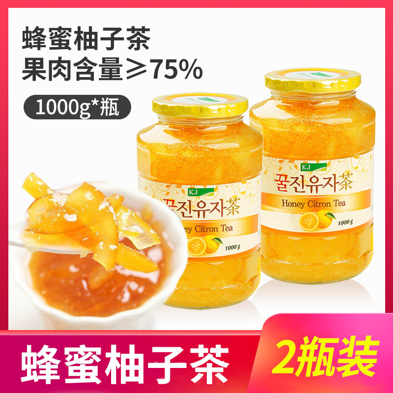 新日期韩国进口kj凯捷蜂蜜柚子茶1kg*2瓶柚子茶瓶装果味茶冲饮酱