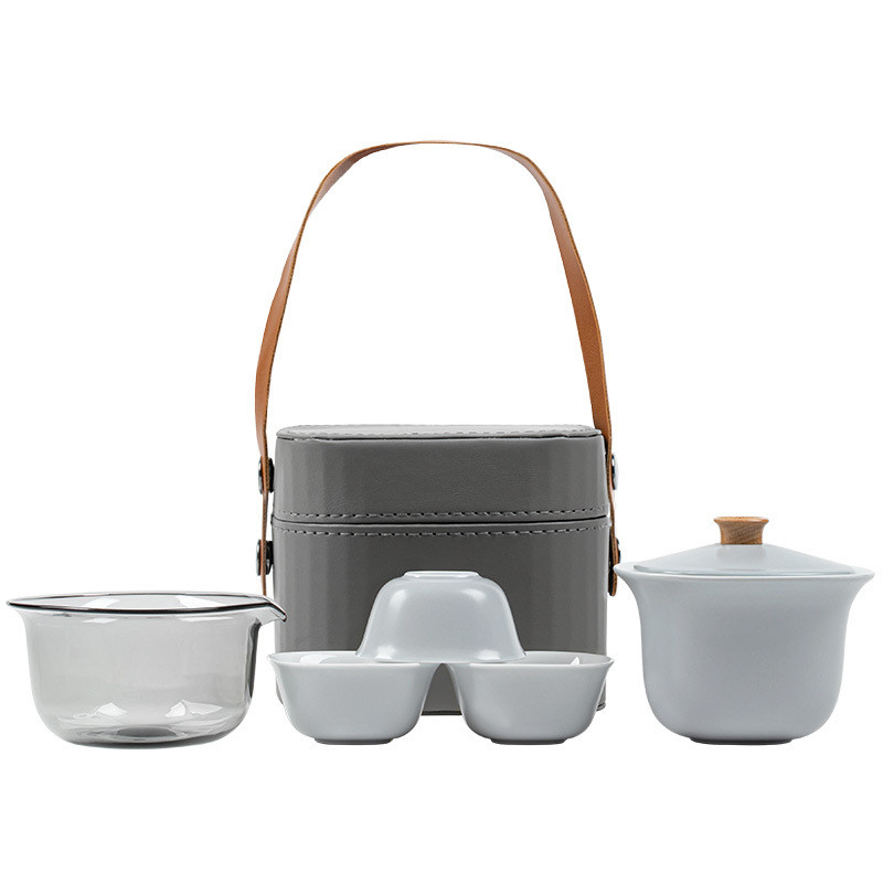 热销伊文便携旅行茶具套装陶瓷收纳包盖碗一壶三杯户外露营喝茶快