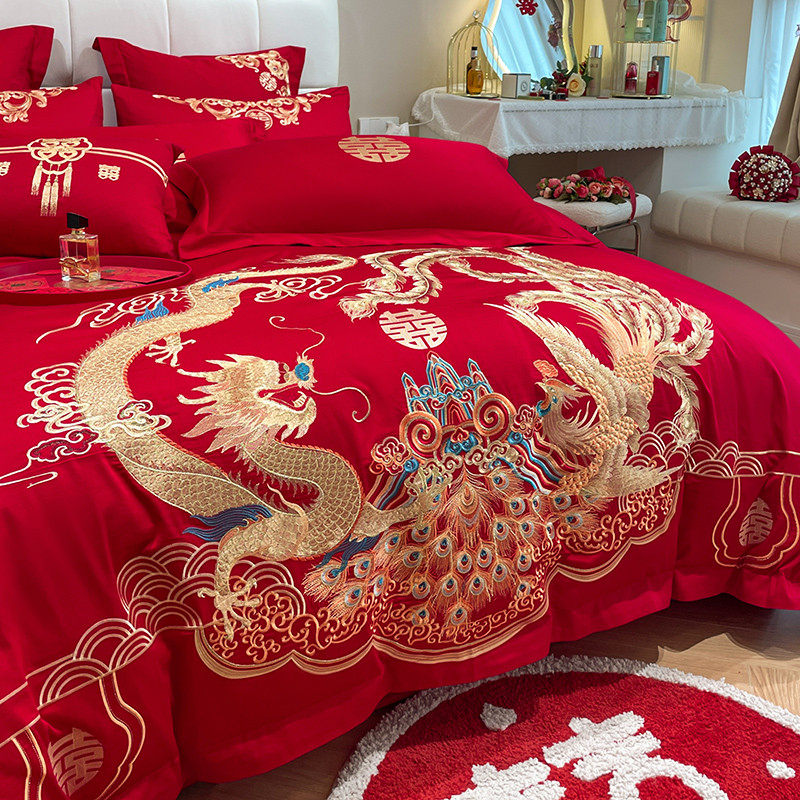 中式高档大红色龙凤婚庆四件套纯棉全棉被套结婚陪嫁送礼床上用品,床上用品,婚庆床品套件,淘宝优惠券,粉丝福利购,淘宝优惠卷