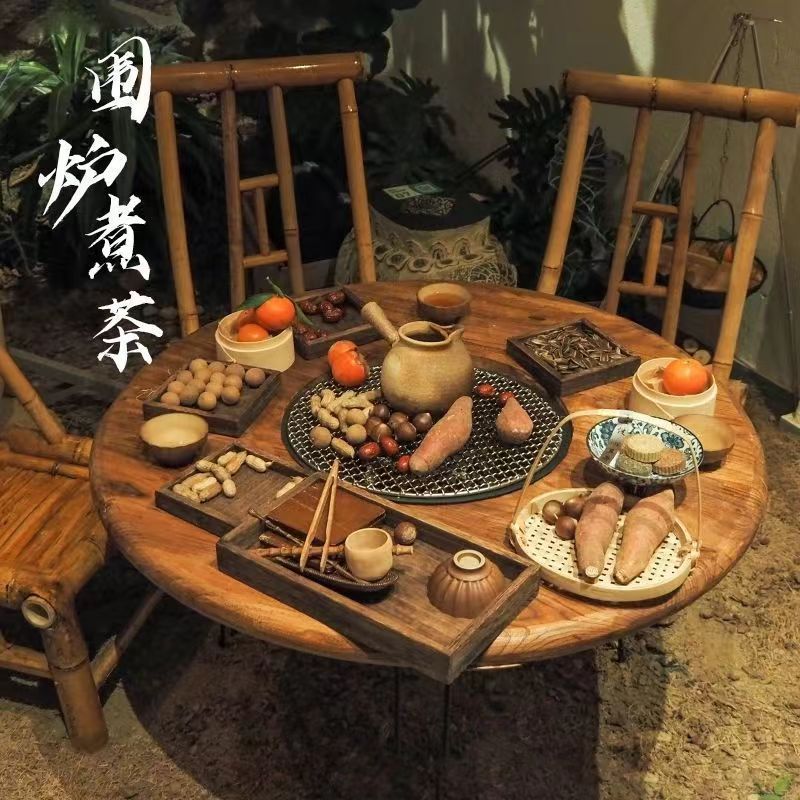 围炉煮茶桌户外露营便捷款铁艺折叠小圆桌炭烤火锅桌烤茶装备榆木