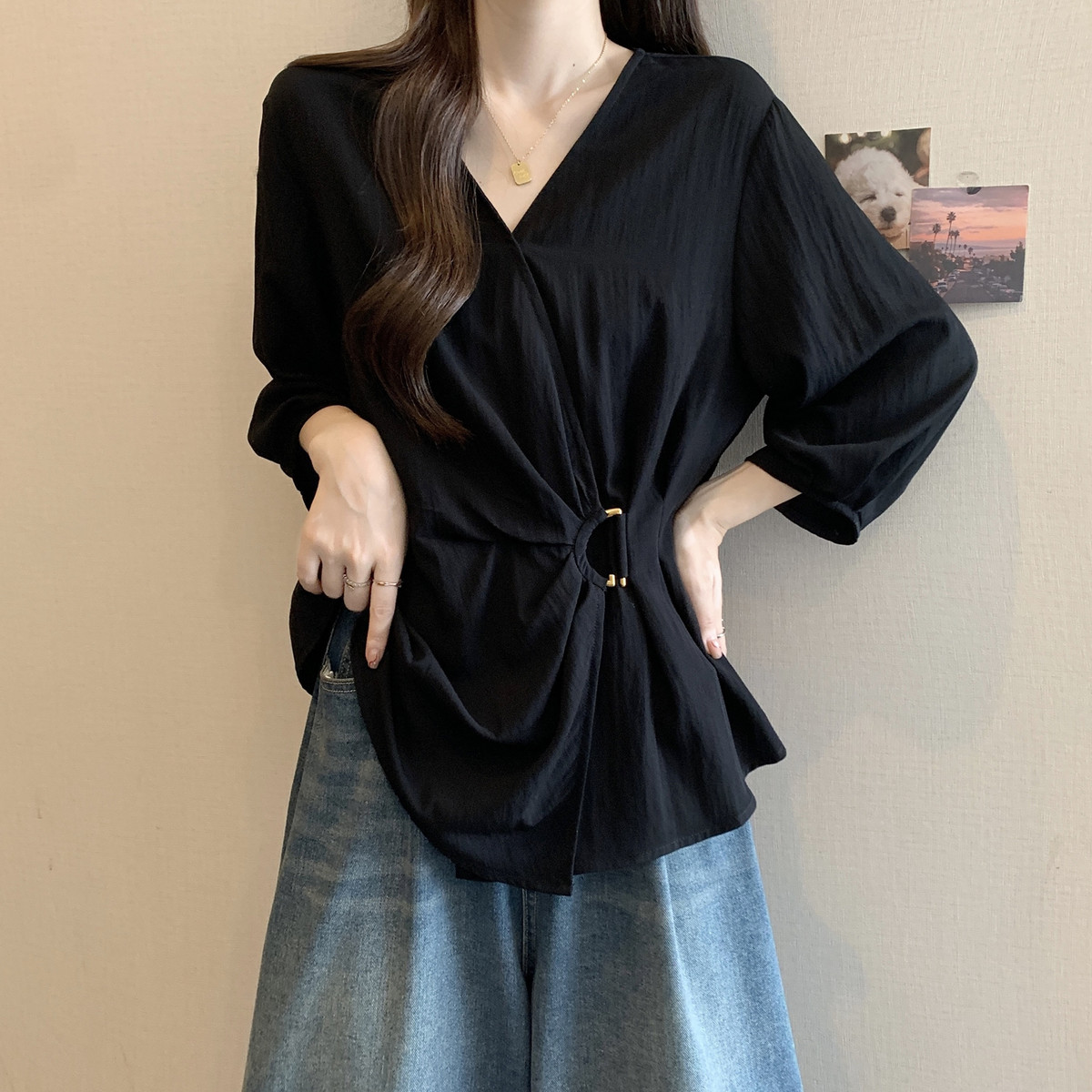 高货速发V领正肩七分袖衬衫女春季新款大码胖mm巨显瘦收腰遮肚子