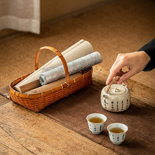 热销竹篮子茶具果复古长方形竹编收纳筐手提篮篮户外茶器收纳篮编