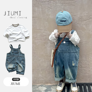 男童牛仔背带裤2025春装新款纯棉长袖中小童男宝宝韩版套装潮