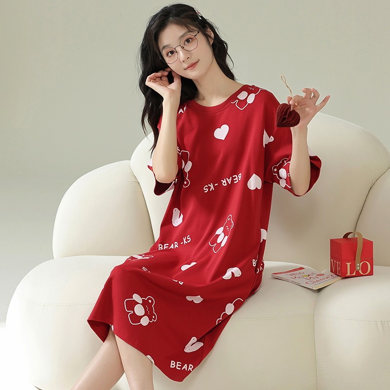 新品睡衣女士夏季纯棉薄款可爱学生短袖中款睡裙韩版夏天家居服可