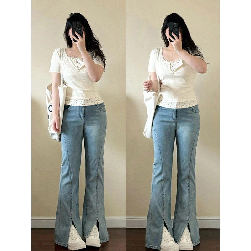 300斤大码浅色弹力微喇女胖mm设计感开叉显瘦子,女装/女士精品,大码裤装,淘宝优惠券,粉丝福利购,淘宝优惠卷