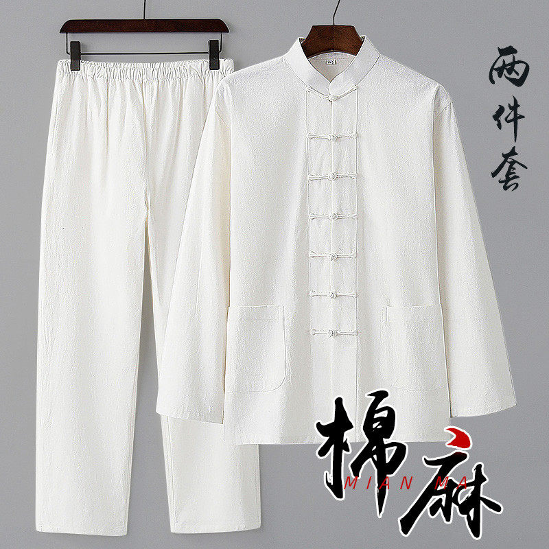 春秋款唐装男青年中国风男装盘扣棉麻套装民族服饰中式服装两件套