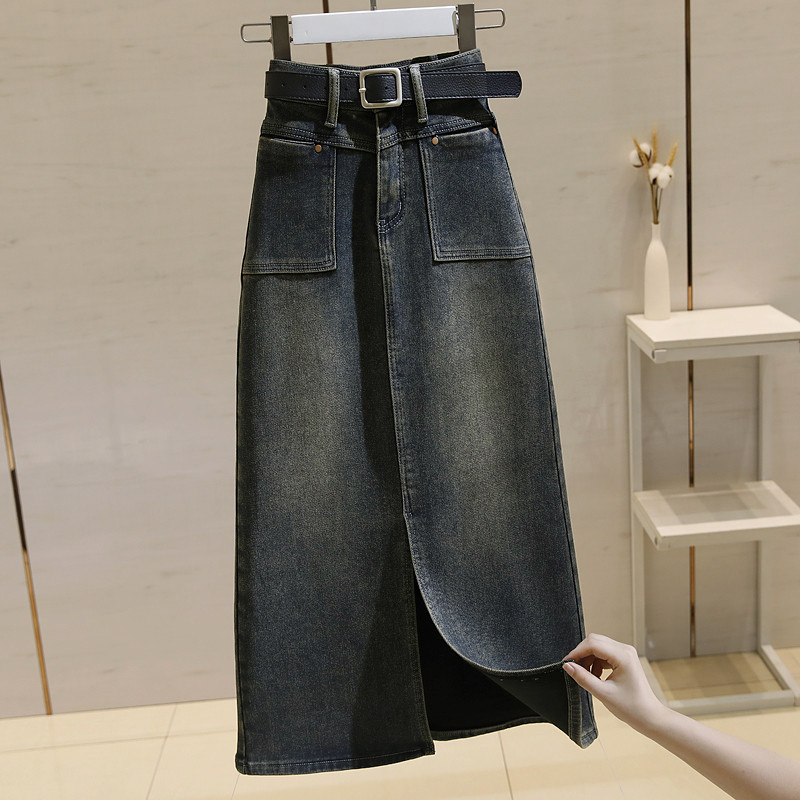 薄绒牛仔女中长款2023秋冬新款宽松显瘦开叉a字包臀裙