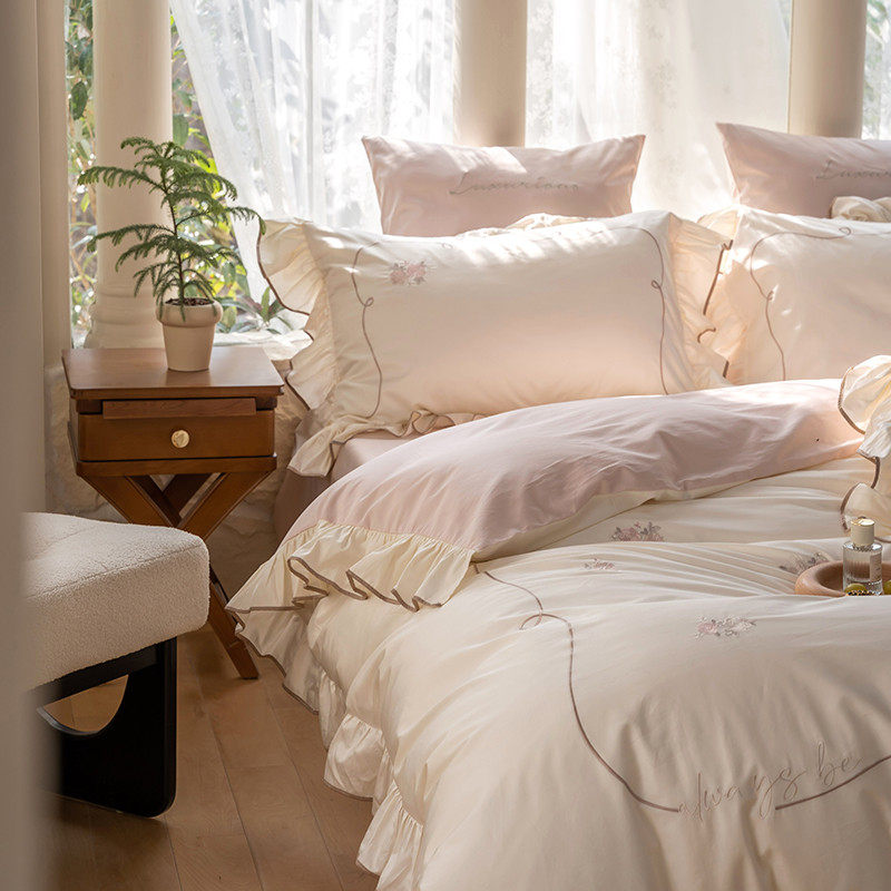 x70t送抱枕-100s绣花床单贡缎丝滑花卉长绒棉四件套床笠