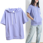 连帽女纯棉宽松夏季 港味 带帽t恤帽衫 薄款 套头浅紫色半袖