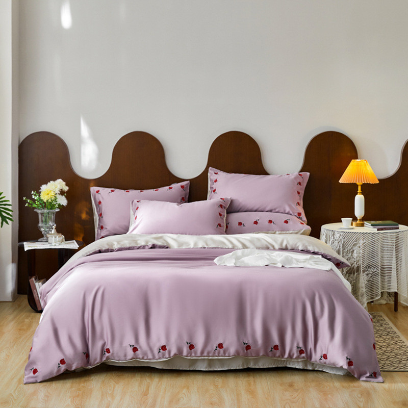 轻奢60支天丝刺绣四件套玫瑰感床上用品丝滑凉春夏季被套裸睡床单