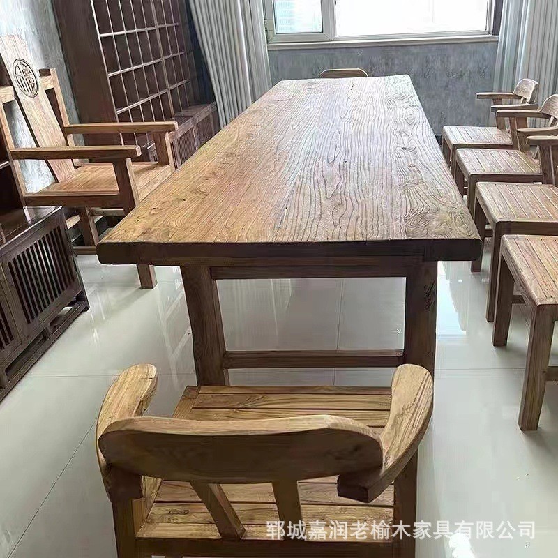 热销新中式老榆木办公室茶桌椅简约茶台现代长条泡茶桌现代桌椅组