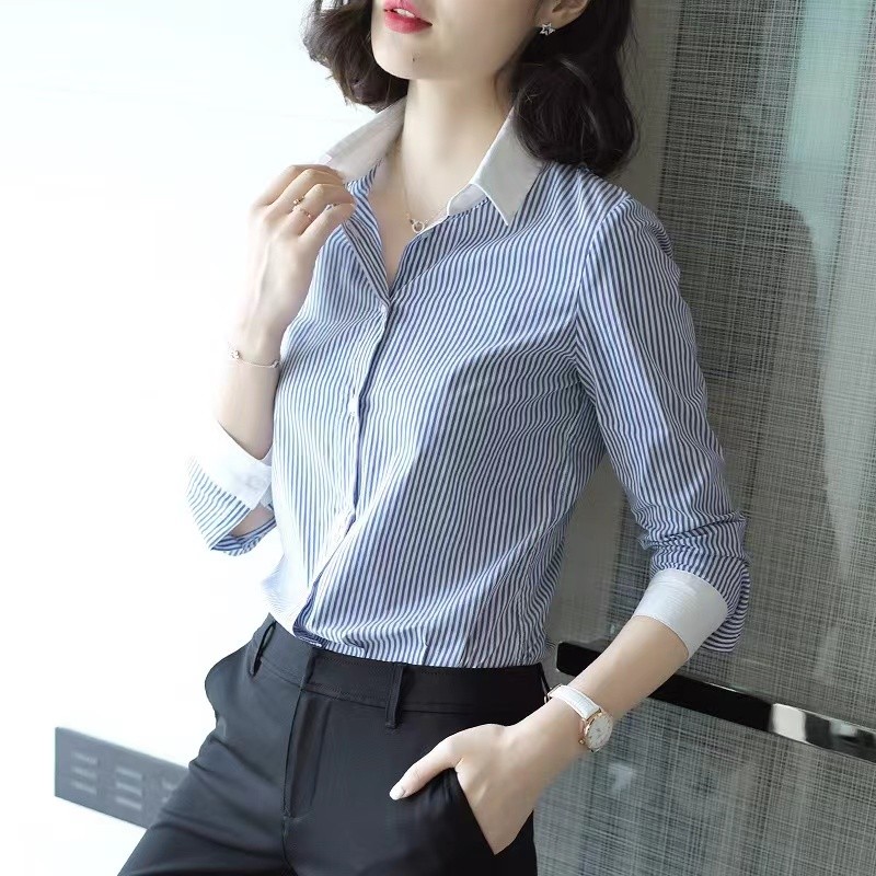 2025气质款方领蓝白条纹撞色长袖衬衫女春季新款显瘦衬衣