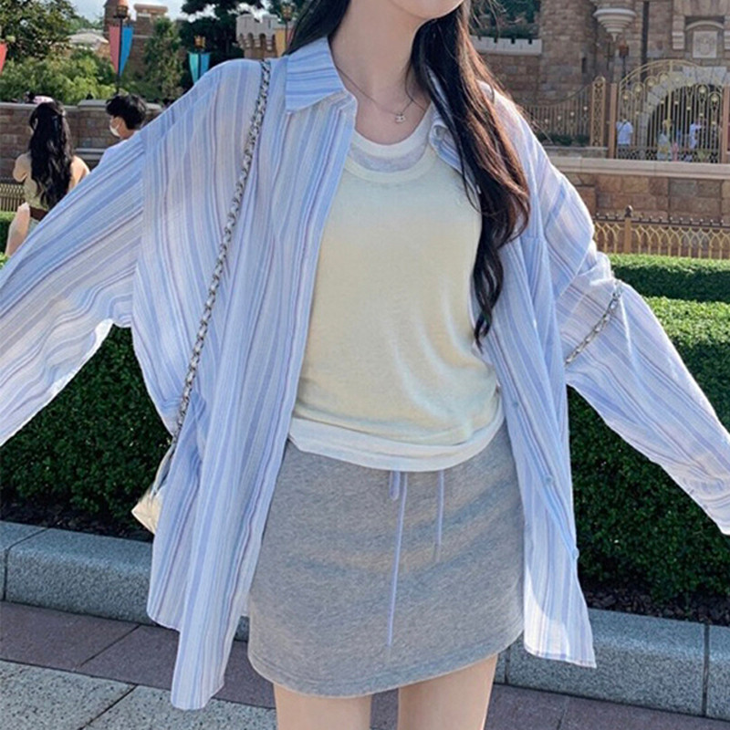 条纹蓝色衬衫外套女春秋2025早春季防晒衬衣法式慵懒宽松外搭上衣