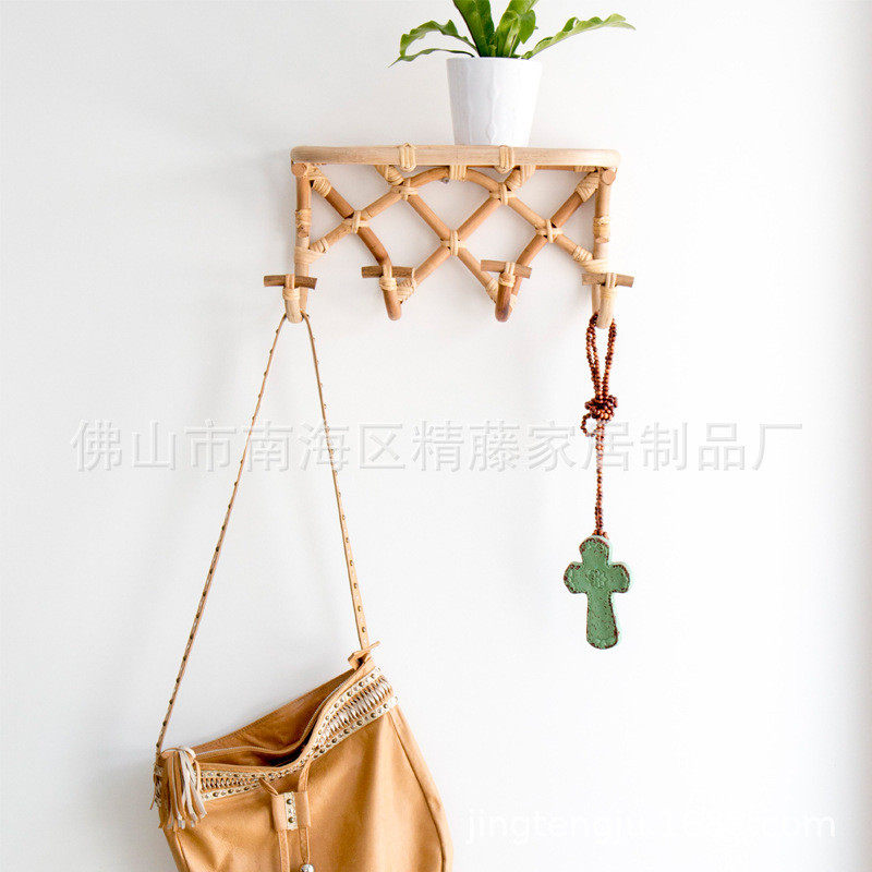 北欧创意藤编挂钩家居装饰四钩六钩壁挂衣架藤制儿童房墙面置物架