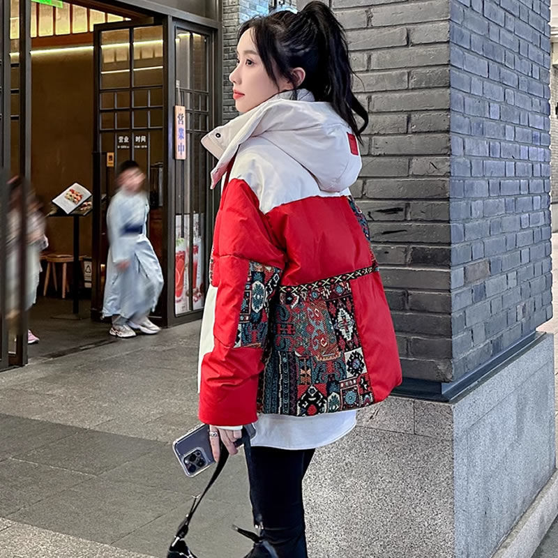 时尚国潮撞色拼接女士羽绒棉服2025冬季设计感新款小个子短款新款
