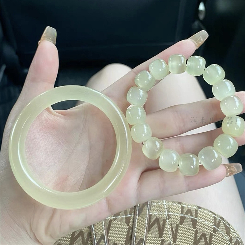 天然冰种蚕丝玉手镯玉镯和青白玉手镯子玉石猫眼细圆条美人镯