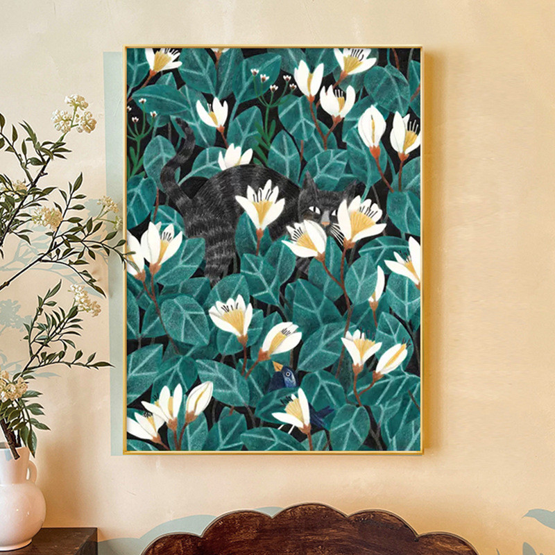 花丛中的猫北欧动物装饰画小众玄关挂画餐厅壁画儿童房艺术抽象画图片