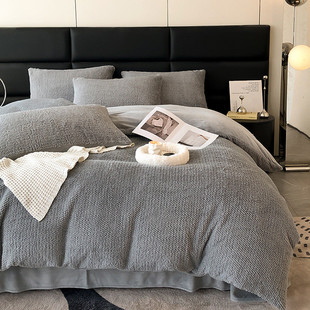 秋冬兔毛绒加厚床单枕套床上四件套被套床笠枕头套被罩三件套床罩