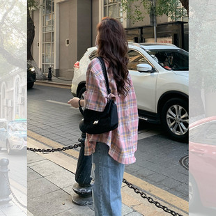 新品美式复古粉色格子衬衫女款夏季高级设计感小众小个子休闲短袖