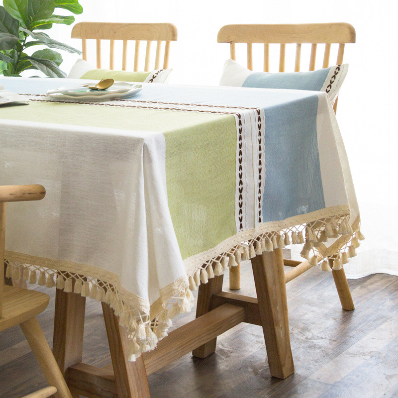 北欧棉麻长方形条纹桌布布艺餐桌布流苏边家用茶几台布