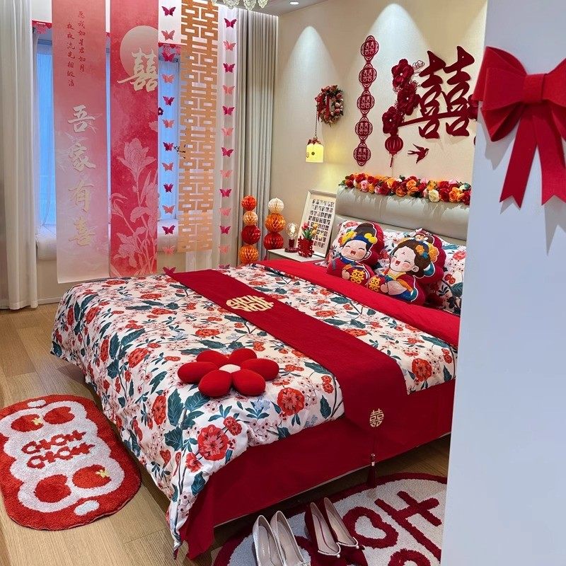 中式结婚四件套大红色新婚床单被套纯棉婚庆床上用品婚房陪嫁喜被,床上用品,婚庆床品套件,淘宝优惠券,粉丝福利购,淘宝优惠卷