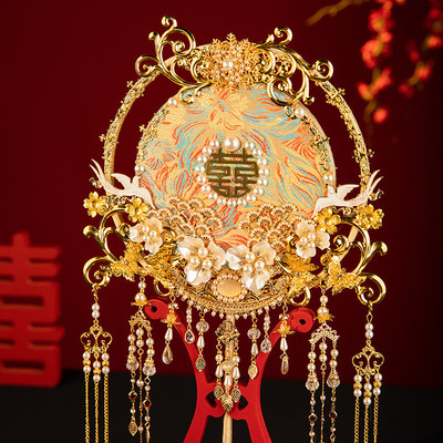 热销七时吉祥新娘手捧花中式婚礼秀禾服扇喜团扇结婚迎亲手工团扇