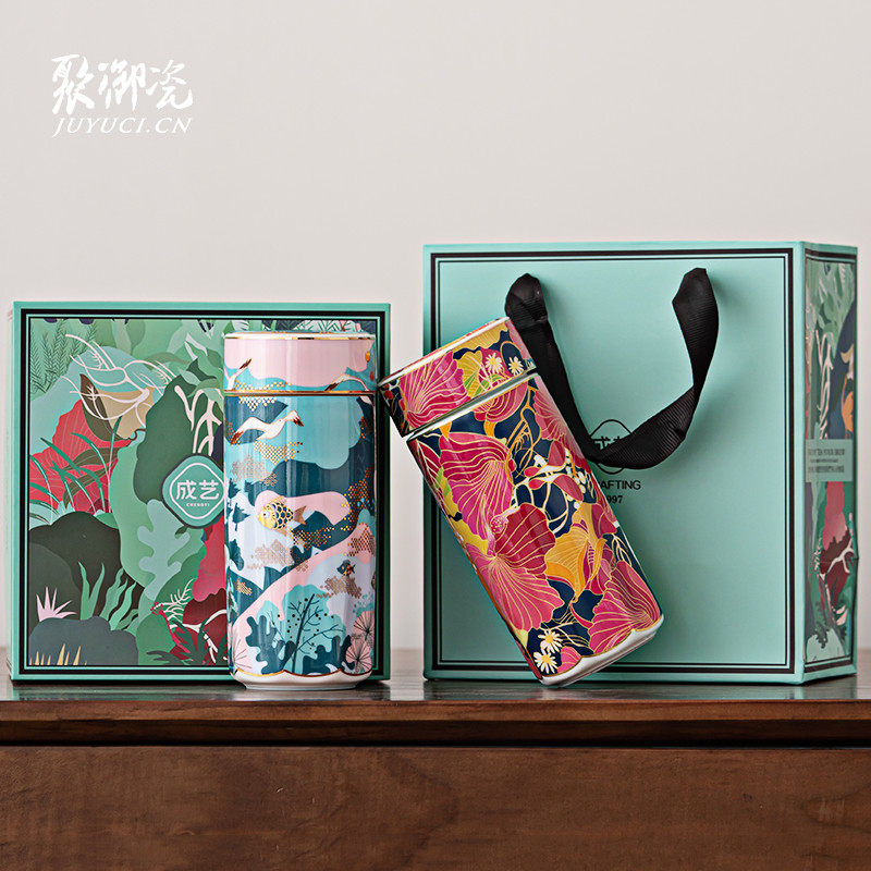 陶瓷盖双层陶瓷保温杯女男士 密封便携车载直饮茶水分离泡茶水杯