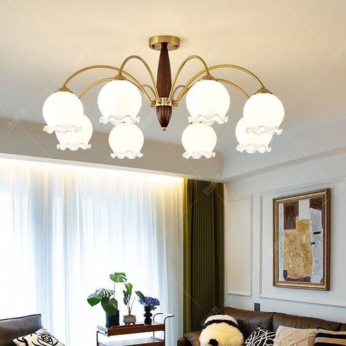 热销中古客厅吊灯创意实木餐厅美式日式复古卧室灯民宿铜色花朵玻