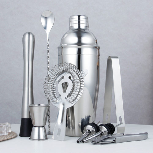热销跨境全套调酒工具套装10件套带木架底座酒吧鸡尾酒调酒器不锈