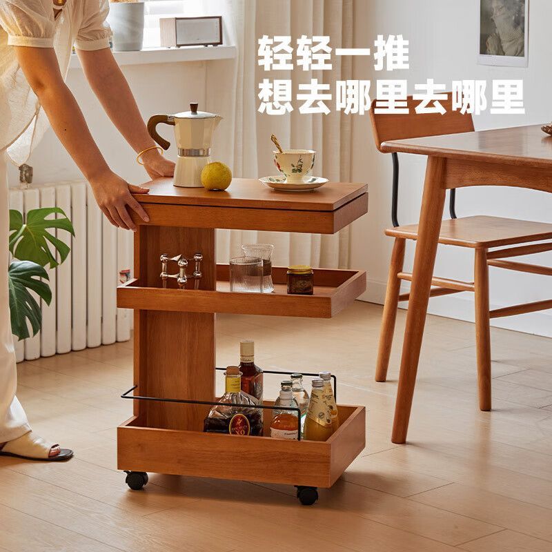 家用沙发橡胶木边柜茶水柜可移动小推车边几小桌子角几收纳置物柜