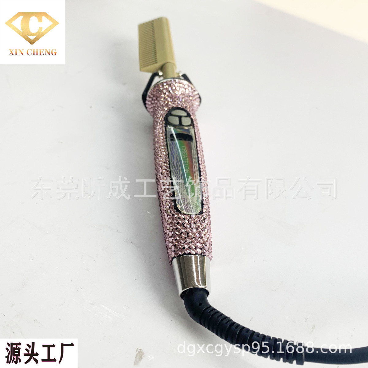 热销镶钻铜电玻璃钻铜梳粘钻直卷梳卷发器干湿两用快速热梳子贴钻