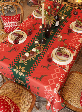 热销uo3圣诞风桌布防水红色喜庆雪尼尔台布轻奢高级感餐桌茶几布2