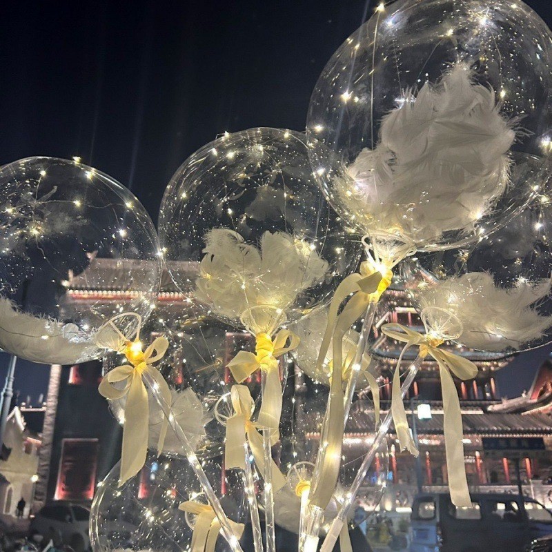 现货网红波波球透明白羽毛透明灯光生日夜光气球摆摊全套简约好看