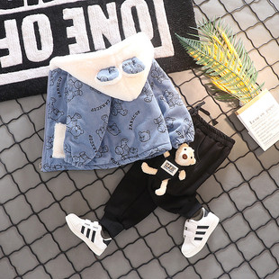 宝宝冬装套装2024新款男童加绒加厚两件套冬季婴幼儿童棉衣洋气潮