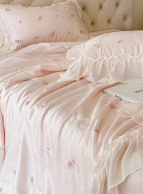 热销7k1韩式少女心刺绣80支兰空天丝夏凉被四件套可机洗双人薄被