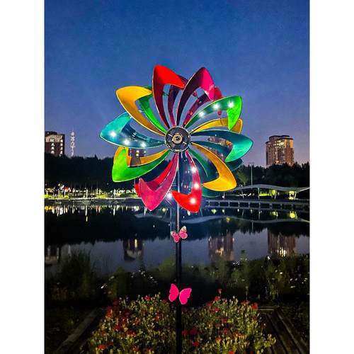 热销风车景观装饰花园庭院别墅露台铁艺旋转模型摆件太阳能灯七彩