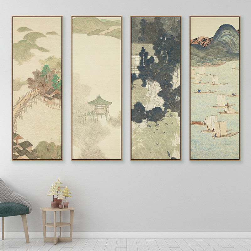 日式装饰画浮世绘近江八景壁画日料寿司店背景墙过道竖版组合挂画图片