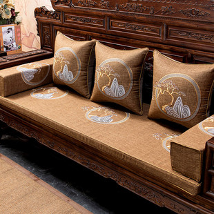 8e7q四季通用新中式绣花红木沙发垫棉麻布料坐垫套罩老式批发高密