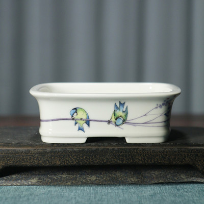 紫砂花盆长方形陶瓷盆景盆彩绘手绘贴绘鸟趣古典瓷盆觅陶乡白泥盆