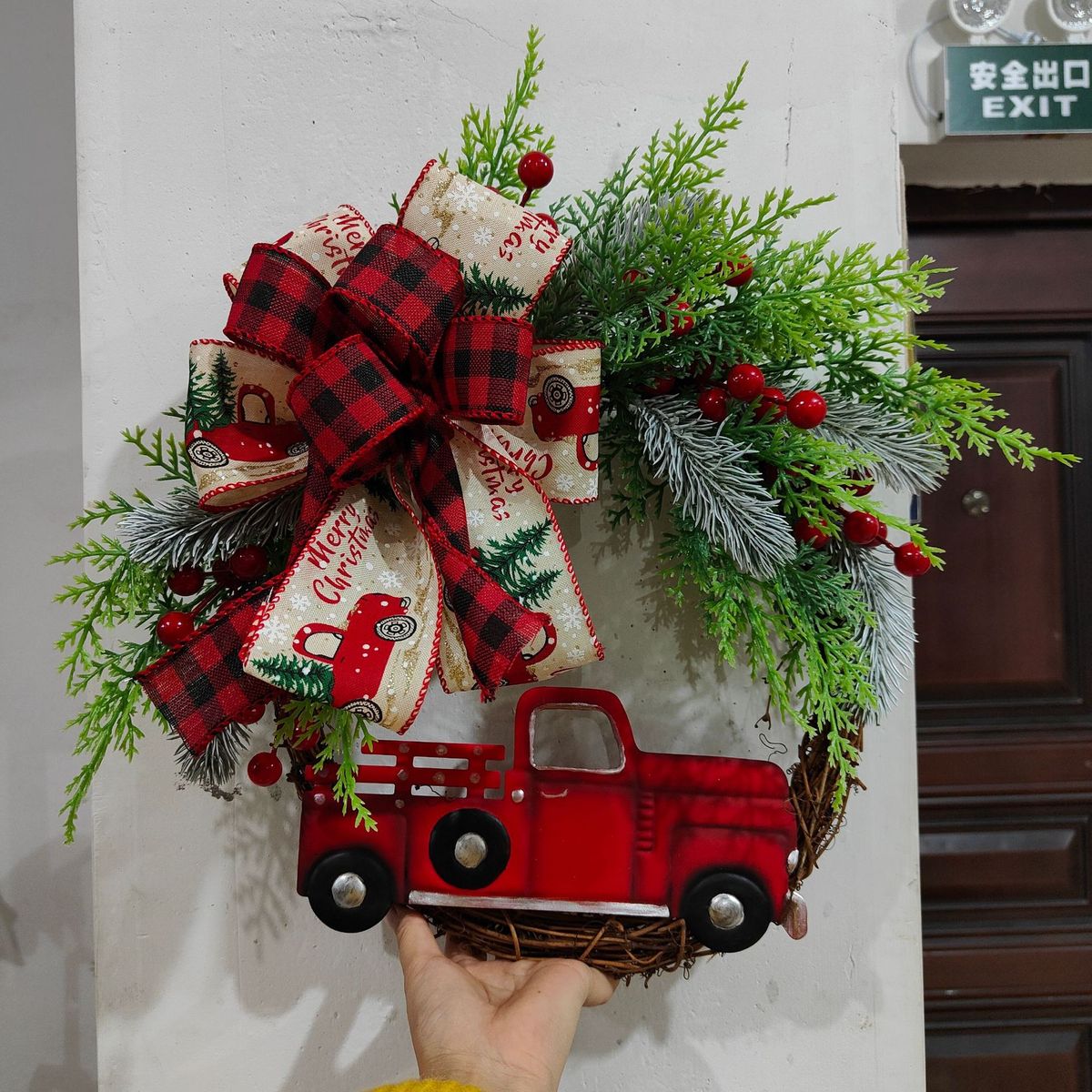 圣诞红色卡车花环圣诞装饰品卡车花环圣诞节白色门挂