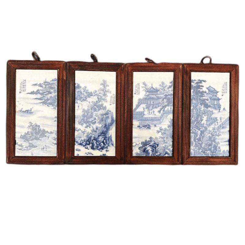 实木框瓷板画四条陶瓷画挂画玄关客厅装饰画精品屏山水花鸟屏风