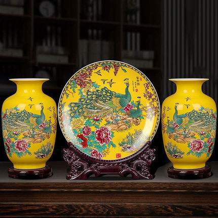 景德镇富贵图三件套陶瓷器花瓶孔雀花瓶冬瓜瓶中式工艺品玄关摆件