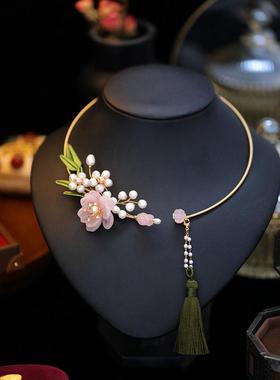 璎珞项圈珍珠项链锁骨链女气质名媛脖子饰品粉晶花朵颈带