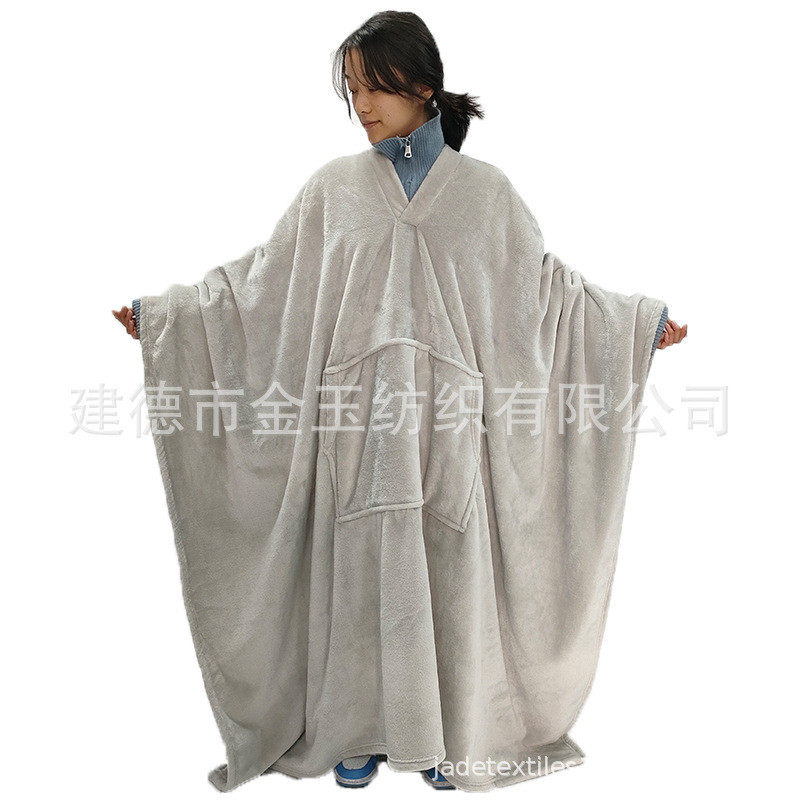 法兰绒电视批发纯色午睡毯舒适保暖可穿式懒人毯居家无袖毛毯毯