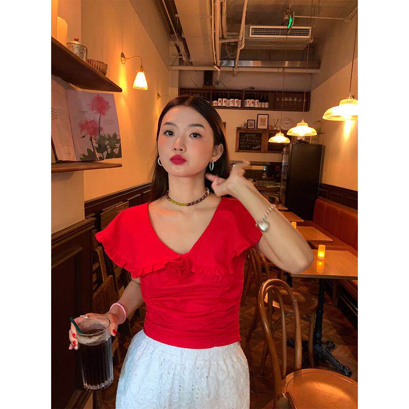 落落狷介 衬衫女夏款2024新款设计感收腰显瘦红色小个子小衫