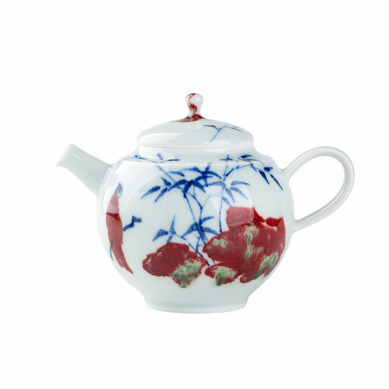 景德镇全手工釉里红陶瓷茶具茶壶单壶家用中式手绘青花泡茶壶小号