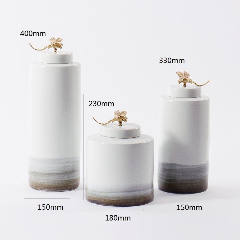 热销现代新中式陶瓷摆件蜻蜓花瓶罐复古盖客厅玄关电视柜样板房装