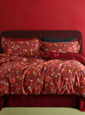 长绒棉现代古典元素60支贡缎xyt喜庆红色结婚四件套百子福婚庆床