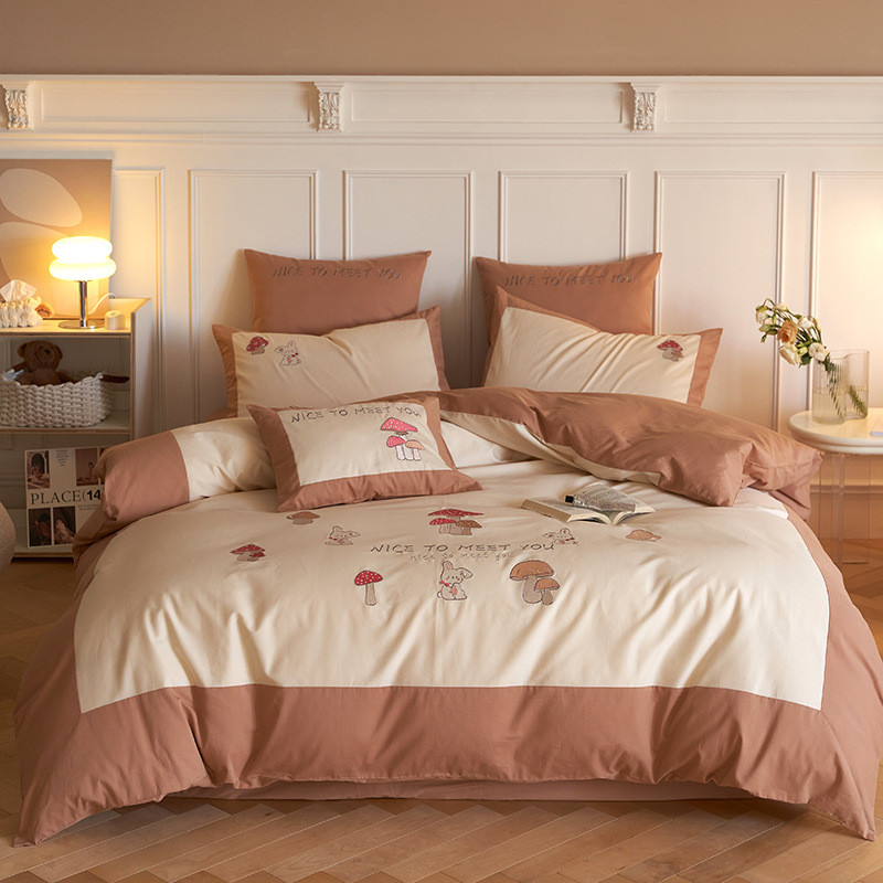 全棉秋冬100支小清新磨毛四件套少女心花卉刺绣被套加厚床上用品