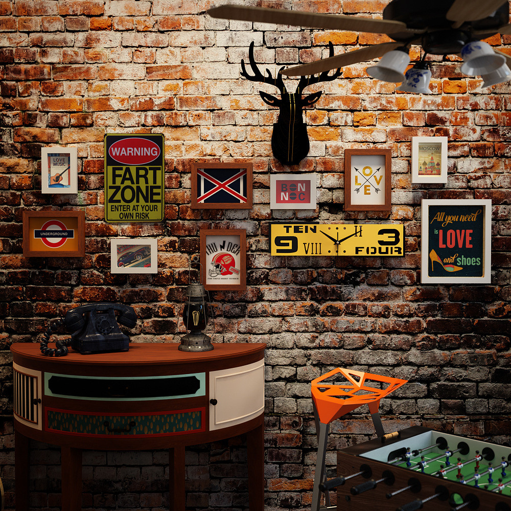 高分子_2381工业风照片墙鹿头钟表组合复古相框装饰画背景墙饰品图片